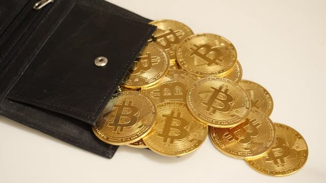 Leather wallet with golden bitcoins spilling out. 