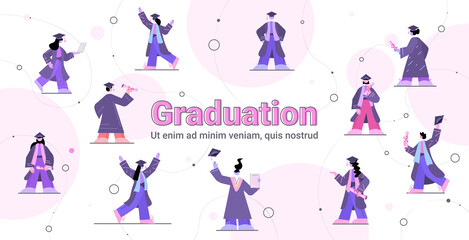 set graduated students graduates celebrating academic diploma degree education concept full length horizontal