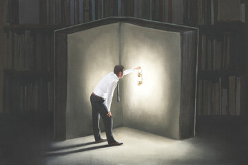 Illustration of man with lamp reading a big book in the night, surreal concept
