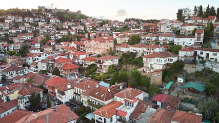 Aerial view of Ohrid city. Lake Ohrid. North Macedonia. High quality 4k footage.