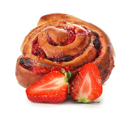 Delicious bun with strawberry on white background