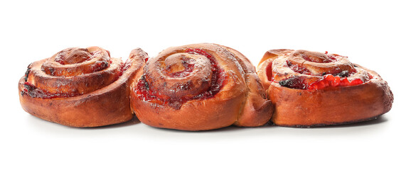 Delicious buns with jam on white background