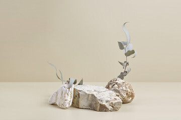 Abstract scene with composition of stones and eucalyptus leaves. Neutral beige podium background...