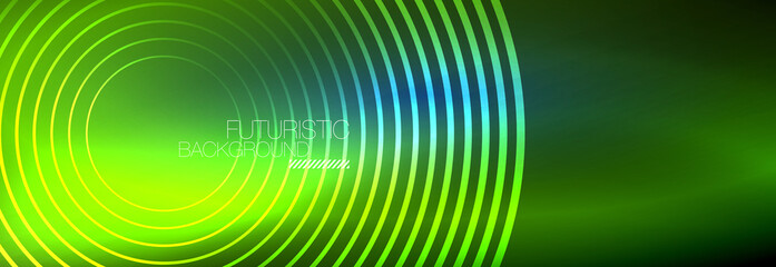 Dark abstract background with glowing neon circles. Trendy layout template for business or technology presentation, internet poster or web brochure cover, wallpaper