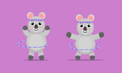 Illustration vector graphic cartoon of cute koala playing hula hoop with a happy face. Childish cartoon design suitable for product design of children's books, t-shirt etc