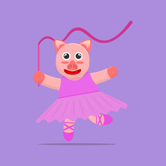 Illustration vector graphic cartoon of cute pig dancing rope ballet with happy face. Childish cartoon design suitable for product design of children's books, t-shirt etc
