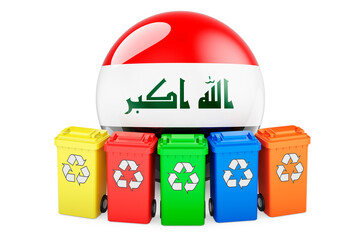 Waste recycling in Iraq. Colored recycling bins with Iraqi flag, 3D rendering