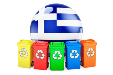 Waste recycling in Greece. Colored recycling bins with Greek flag, 3D rendering