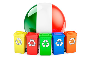 Waste recycling in Ireland. Colored recycling bins with Irish flag, 3D rendering