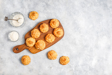 Delicious homemade coconut cookies in a light background.