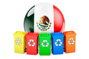 Waste recycling in Mexico. Colored recycling bins with Mexican flag, 3D rendering