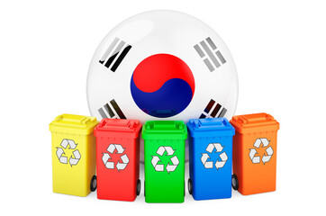 Waste recycling in South Korea. Colored recycling bins with South Korean flag, 3D rendering