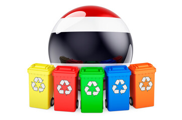 Waste recycling in Thailand. Colored recycling bins with Thai flag, 3D rendering