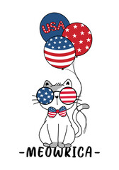 cute Ameowrica cat 4th of July Independence day with stars and stripes glasses, cartoon doodle flat vector illustration kitten