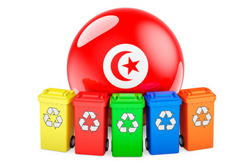 Waste recycling in Tunisia. Colored recycling bins with Tunisian flag, 3D rendering
