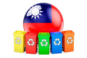 Waste recycling in Taiwan. Colored recycling bins with Taiwanese flag, 3D rendering