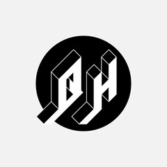 Letters Q and H - Monogram or logotype. Three-dimension letters. QH - 2-letter code. Isometric 3d font for design. Volume alphabet.
