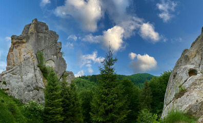 famous Ukrainian medieval cliff-side Tustan fortress ruins