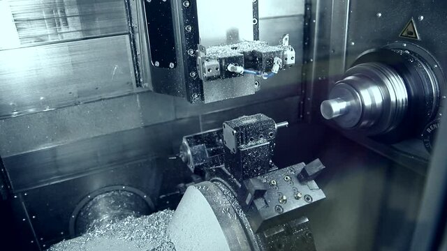 CNC turning drill milling factory steel billet process. Metal machine tools industry.