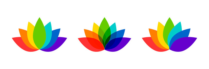 Colorful lotus flower icons. Water lily in bloom, icon set made of rainbow colors.