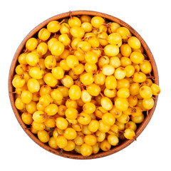 Ripe sea buckthorn in a clay bowl isolated on white background.