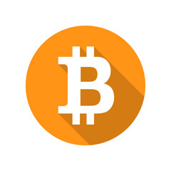 Bitcoin icon in flat design with long shadow. Vector illustration, circle shape, isolated on white background.