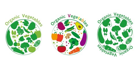 Set of Organic vegetable icons. Round icons.Vegan, vegetarian, healthy food, Vector illustration. simple button icons collection. Ecology, green, bio, food, health. Design, web, banner, logos element