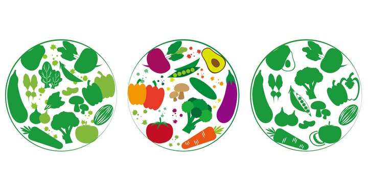 Set of Organic vegetable icons. Round icons.Vegan, vegetarian, healthy food, Vector illustration. simple button icons collection. Ecology, green, bio, food, health. Design, web, banner, logos element