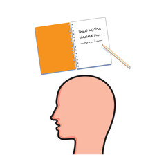 Human head, notepad and pencil icon. Process of learning, writing or education concept. Vector illustration