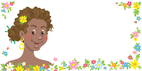 Beautiful young African American woman surrounded by flowers. Banner, postcard or poster in cartoon style. Place for your text. Isolated on white background. Vector flat illustration