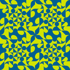 Blue and yellow abstract and kaleidoscopic pattern. Seamless geometric and decorative shapes ornament. Vector avant garde wallpaper in blue and yellow color.