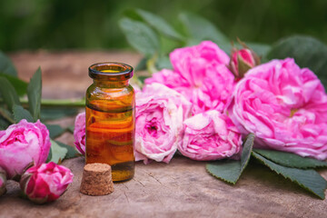 Close-up of rose essential oil bottle with falling leaves on wooden background.