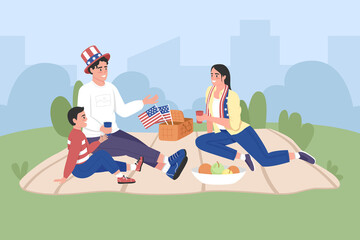 Happy american family celebrate Independence day flat color vector illustration. Picnic on 4th of july in US. Smiling parents with son 2D cartoon characters with urban park on background - obrazy, fototapety, plakaty