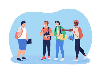 Fototapeta premium Teens bullying boy 2D vector isolated illustration. Peer pressure and aggression. Kids mock and laugh at classmate flat characters on cartoon background. Teenager problem colourful scene