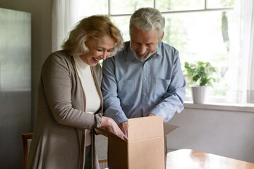 Excited old couple spouses buyer unpack open box shopping online from home together. Happy mature...