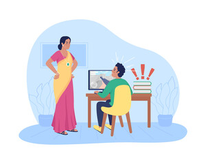 Unhappy mother argue with playing son 2D vector isolated illustration. Procrastination with school homework. Family flat characters on cartoon background. Teen problems colourful scene