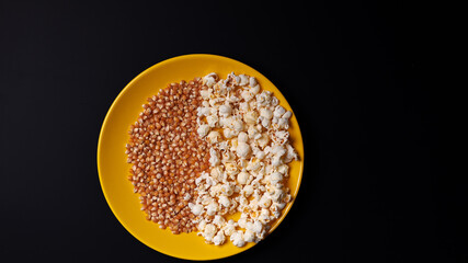 Group of yellow raw corn kernels sweet corn on plate. Popcorn Transformation.