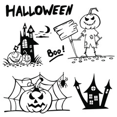 Halloween doodle set hand drawn. Halloween vector collection of holiday symbols. Pumpkin, grave, ghost, horror, fear and other drawn vector Halloween elements. Copy space.