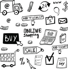 Online shopping doodle set hand drawn. Online shopping vector collection of icons. Drawn symbols shop online.