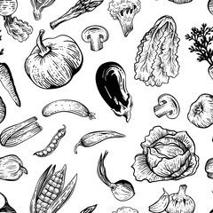 Seamless pattern of vegetables, monochrome, vector