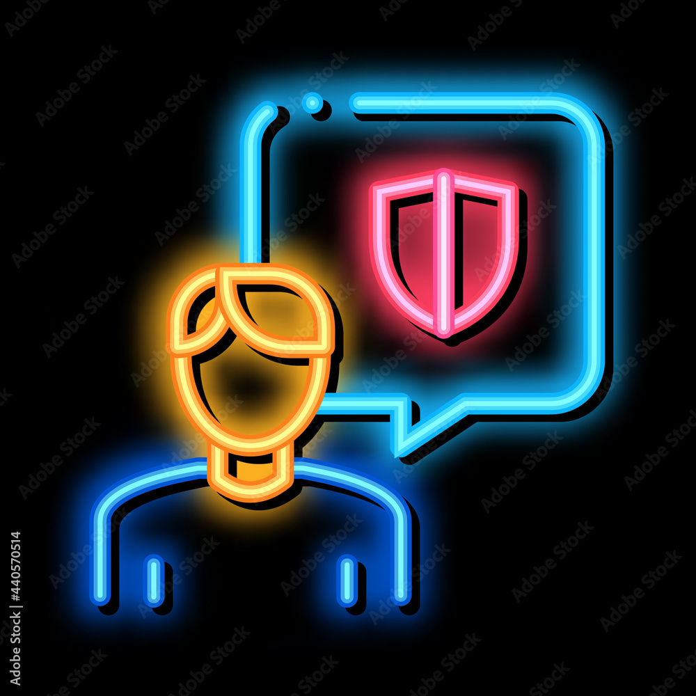 Sticker thought of protecting body neon light sign vector. Glowing bright icon thought of protecting body sign. transparent symbol illustration