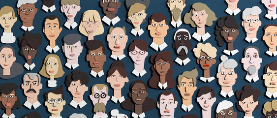 Lots of people's faces made of paper. People different ages and professional backgrounds. Paper cut design 3D render