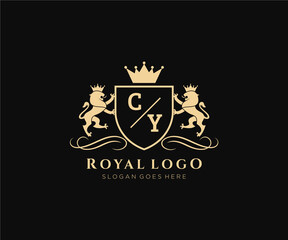 Initial CY Letter Lion Royal Luxury Heraldic,Crest Logo template in vector art for Restaurant, Royalty, Boutique, Cafe, Hotel, Heraldic, Jewelry, Fashion and other vector illustration.