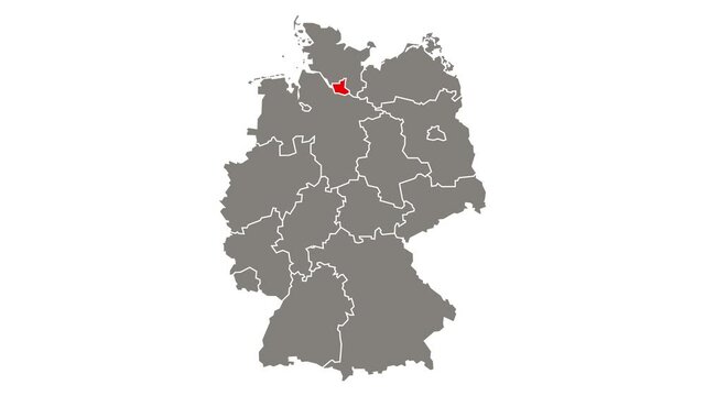 Hamburg federal state blinking red highlighted in map of Germany