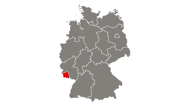 Saarland federal state blinking red highlighted in map of Germany