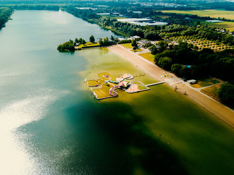 Aerial drone view of the beautiful Maarsseveense plassen and puzzle island in the Netherlands