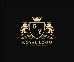 Initial GY Letter Lion Royal Luxury Heraldic,Crest Logo template in vector art for Restaurant, Royalty, Boutique, Cafe, Hotel, Heraldic, Jewelry, Fashion and other vector illustration.