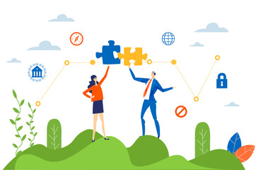 Business people holding puzzle pieces up, as symbol of finding solution. Business concept illustration