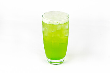 Green fresh cocktail smoothie jusice in glass with ice isolated on white. vitamin drink detox