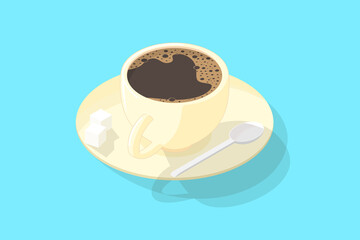 a cup of coffee, with sugar and a teaspoon in an isometric projection, on a blue background
